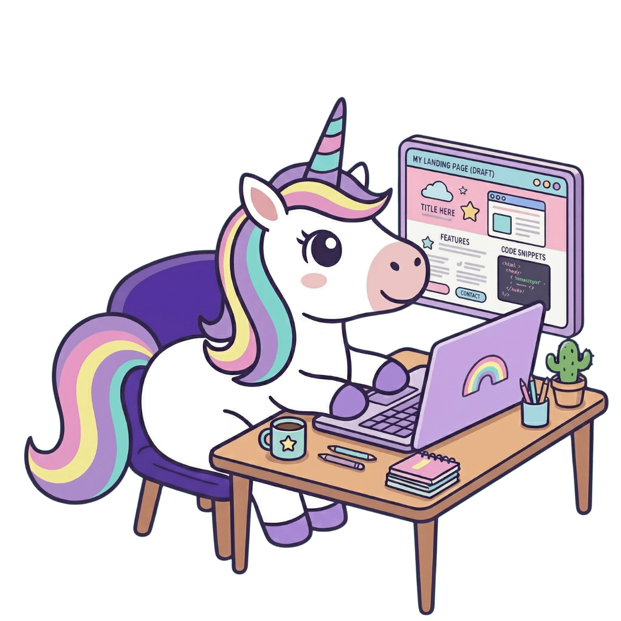 A cartoon unicorn wearing glasses and a blue hoodie, coding on a laptop