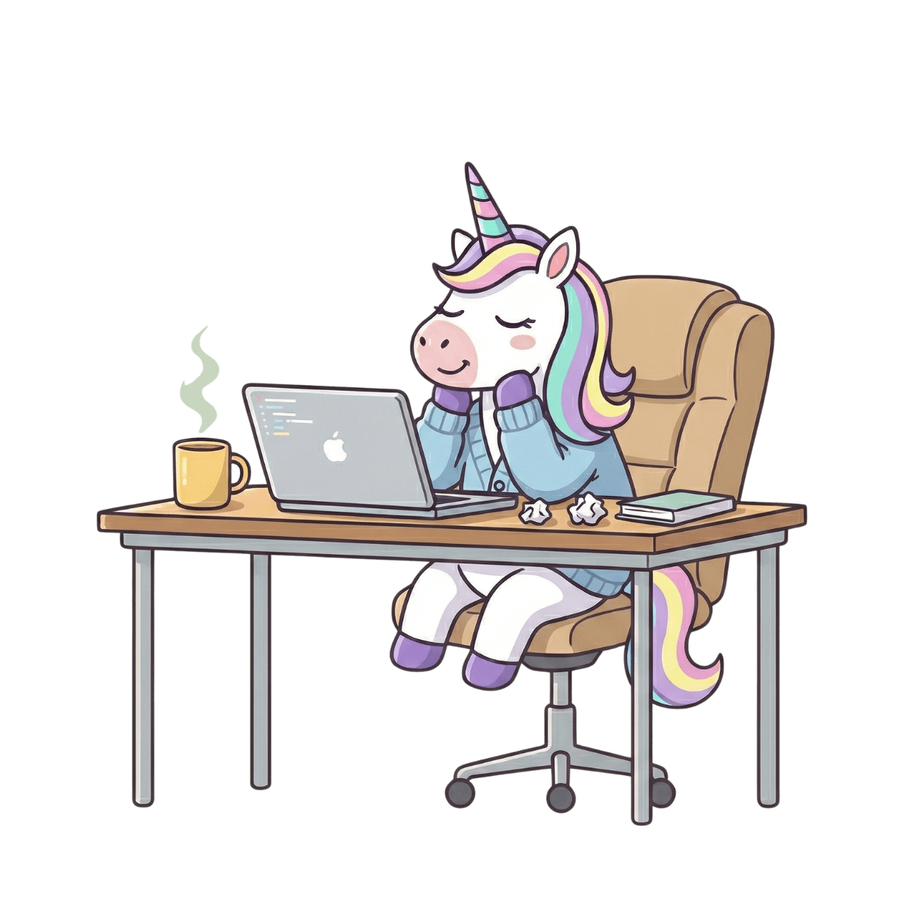 A relaxed unicorn in a blue hoodie sitting at a desk with a laptop and coffee mug